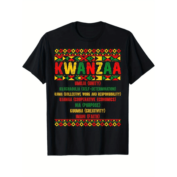 Men'S Kwanzaa Celebration T-Shirt with Kinara Candles & Principles Graphic, Knit Cotton Fabric, Mature Style, Regular Fit, Crew Neck, Slight Stretch, All-Season Comfort - Black