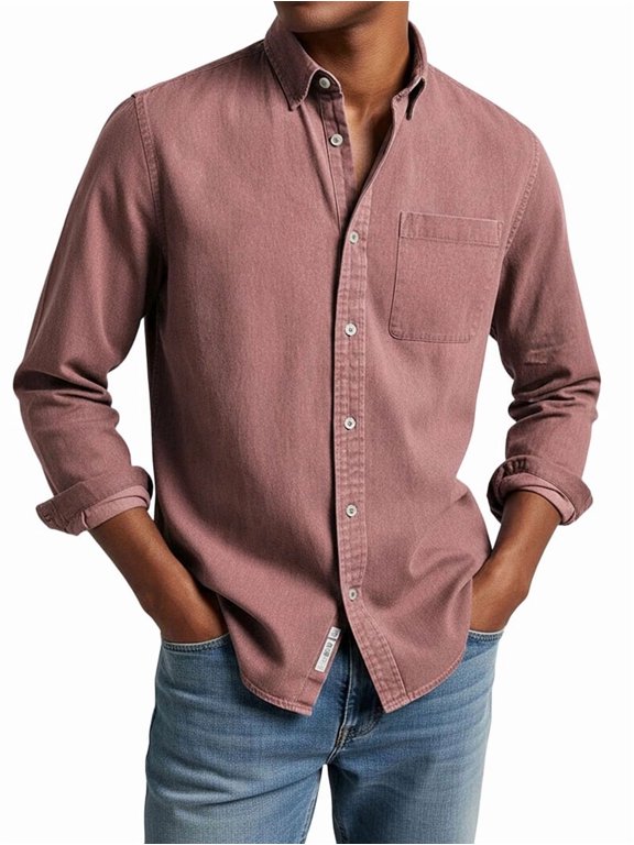 Men'S Lapel Button Front Chest Pocket Long Sleeve Casual Shirt Pink 4XL