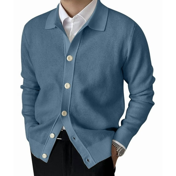 Men'S Lapel Cardigan Sweater Knit Long Sleeve Button Cardigan Slim Fit Casual Ribbed Knitted Jacket Blue L