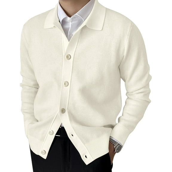 Men'S Lapel Cardigan Sweater Knit Long Sleeve Button Cardigan Slim Fit Casual Ribbed Knitted Jacket White XXXL