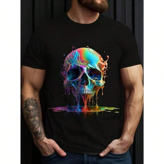 Men'S Large Size Breathable T-Shirt With Neon Glow-In-The-Dark Skull Print - Plus Size Crew Neck Short Sleeve Casual Shirt, Vibrant Multicolor Drip Design For Daily Wear & Themed Events