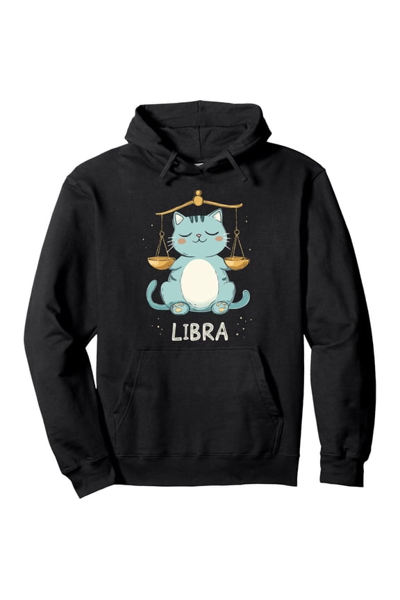 Men'S Libra Zodiac Hooded Sweatshirt - 250g Heavyweight Astrology Cat & Scales Graphic Pullover, All-Season Casual Hoodie for Christmas, Valentine's, New Year & Casual Attire, Trendy Libra Sign Appar