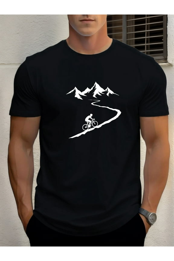 Men'S Light Blue Cycling Graphic T-Shirt - Breathable Summer Tee with Mountain Bike Design, Regular Fit Casual Shirt for Cycling Enthusiasts & Casual Attire, Outdoor Leisurewear, Mountain Bike Print,