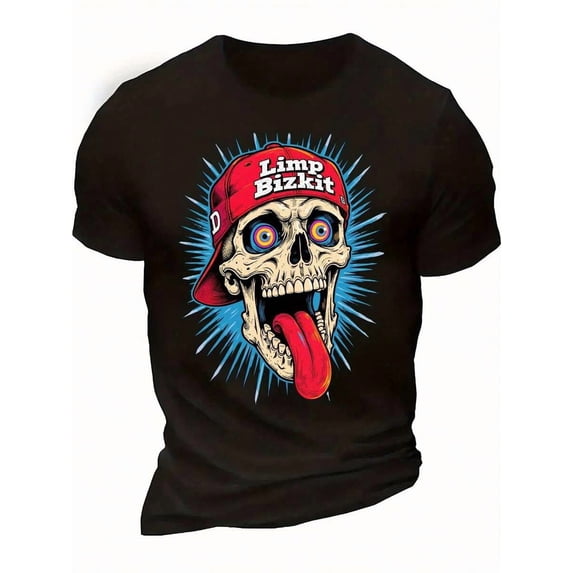 Men'S Limp Bizkit Skull Graphic T-Shirt - Black Crew Neck Tee With Red Hat Skull, Soft Breathable Cotton Shirt For Concerts, Festivals, Everyday