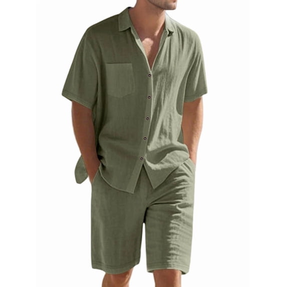 Men'S Linen Blend Short Sleeve Shirt & Shorts Set, Casual Summer 2 Piece Outfit Green XXXL