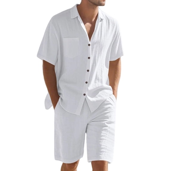 Men'S Linen Blend Short Sleeve Shirt & Shorts Set, Casual Summer 2 Piece Outfit White M