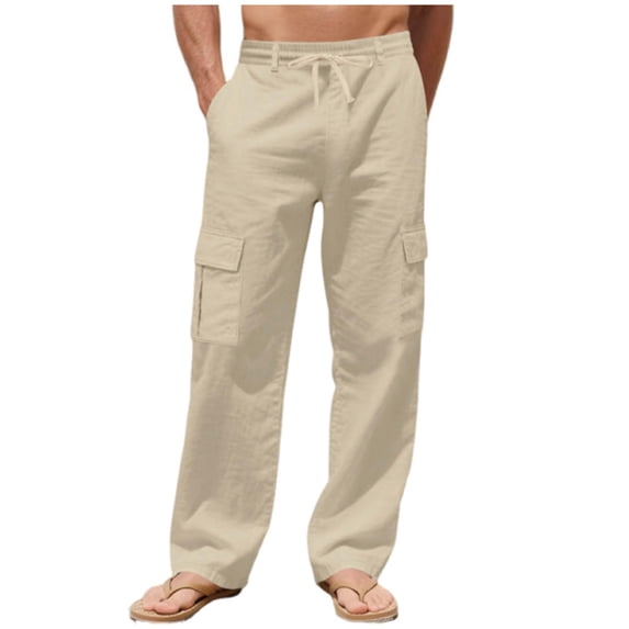 Men'S Linen Pants Casual Cargo Pants Elastic Drawstring Waist Straight Wide Leg Summer Yoga Beach Pant With Pockets