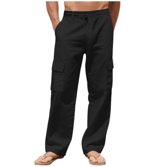 Men'S Linen Pants Casual Cargo Pants Elastic Drawstring Waist Straight Wide Leg Summer Yoga Beach Pant With Pockets