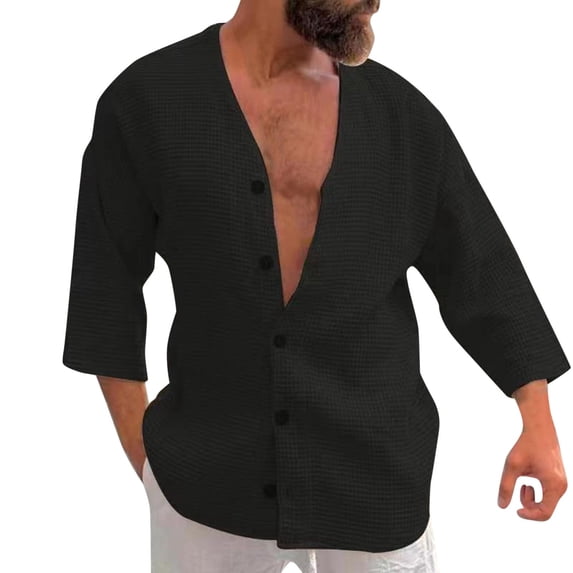 Men'S Long Sleeve Shirts Plaid Button Solid Color Collarless Stand Collar Tees