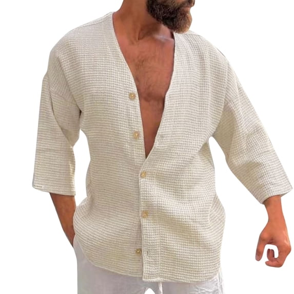 Men'S Long Sleeve Shirts Plaid Button Solid Color Collarless Stand Collar Tees