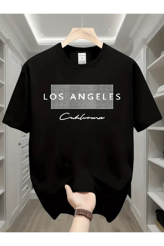 Men'S Los Angeles Graphic Tee - Casual Black Short Sleeve T-Shirt with White Print, Lightweight & Breathable for Summer, Perfect for Weekend Outings, Breathable Clothing | Bold Graphic Tee | Comfortable Fit