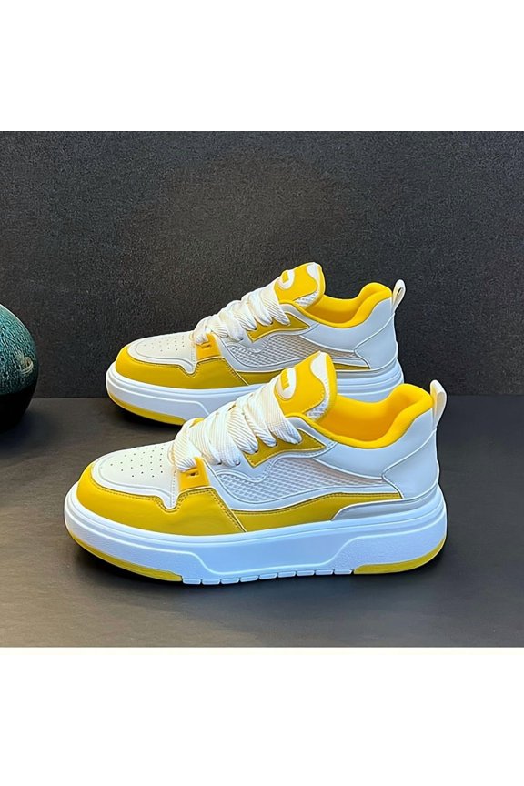 Men'S Low-Top Sneakers - Breathable Synthetic & Fabric Upper, Thick PVC Sole for Height Boost, White & Yellow Colorway, Lace-Up Casual Shoes for Casual Attire, Stylish Laceup Shoes, Modern Sneakers