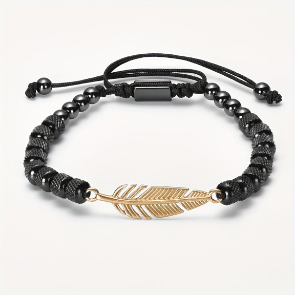 Men'S Luxury Feather-Shaped Beaded Bracelet - Stainless Steel Adjustable Wristband with Goldene Metal Accents, Perfect for Daily Wear & Gifting, Feather Jewelr,Black B