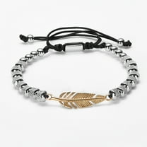 Men'S Luxury Feather-Shaped Beaded Bracelet - Stainless Steel Adjustable Wristband with Goldene Metal Accents, Perfect for Daily Wear & Gifting, Feather Jewelr,Silvery B