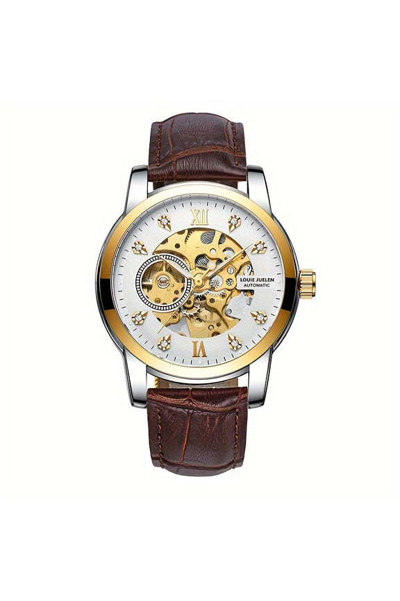 Men'S Luxury Skeleton Automatic Watch - Rhinestone Studded, Waterproof, Business Style With Stopwatch Function, Pu Leather Strap