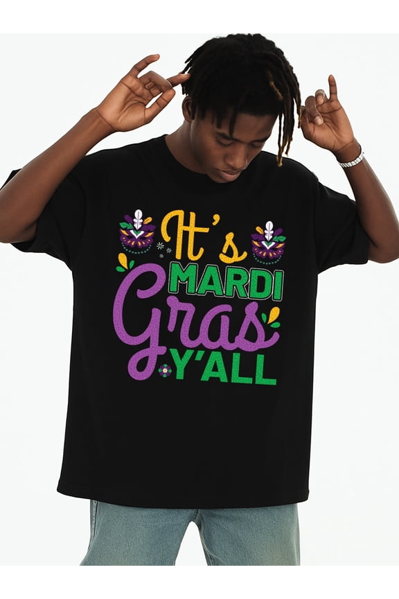 Men'S Mardi Gras Y'all Graphic T-Shirt - Vibrant Fleur-de-Lis & Beads Design, Casual Tee for Mardi Gras Parties, Summer & Year-Round Wear - Comfort Colors Style (Black with Multicolor Lettering)