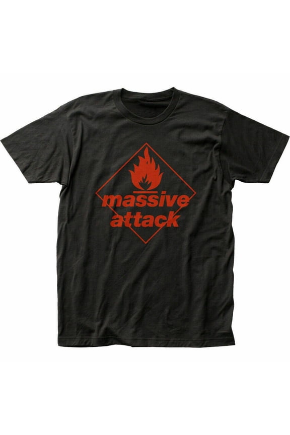 Men'S Massive Attack Graphic T-Shirt - Black with Bold Red & Orange Band Logo, Short Sleeve Crew Neck Casual Tee for Summer, Regular Fit Rock Band Shirt for Fans, Fan Merchandise