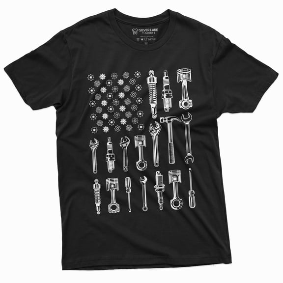 Men'S Mechanic Usa Flag T-Shirt Tools Patriotic Flag Tshirt Garage Car Enthusiast Tee (Large Black)