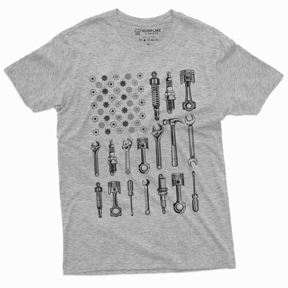 Men'S Mechanic Usa Flag T-Shirt Tools Patriotic Flag Tshirt Garage Car Enthusiast Tee (Large Grey)