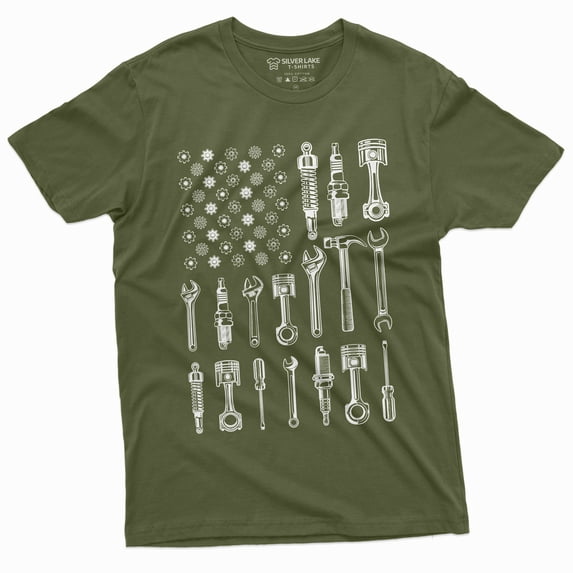Men'S Mechanic Usa Flag T-Shirt Tools Patriotic Flag Tshirt Garage Car Enthusiast Tee (Small Military Green)