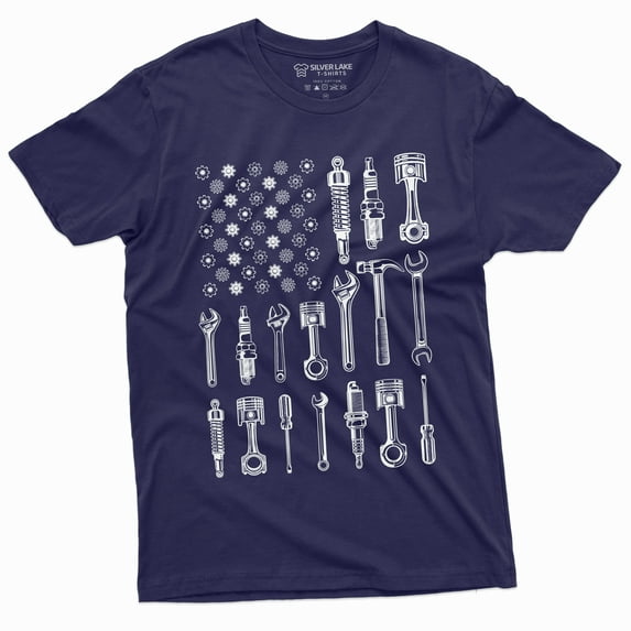 Men'S Mechanic Usa Flag T-Shirt Tools Patriotic Flag Tshirt Garage Car Enthusiast Tee (Small Navy Blue)