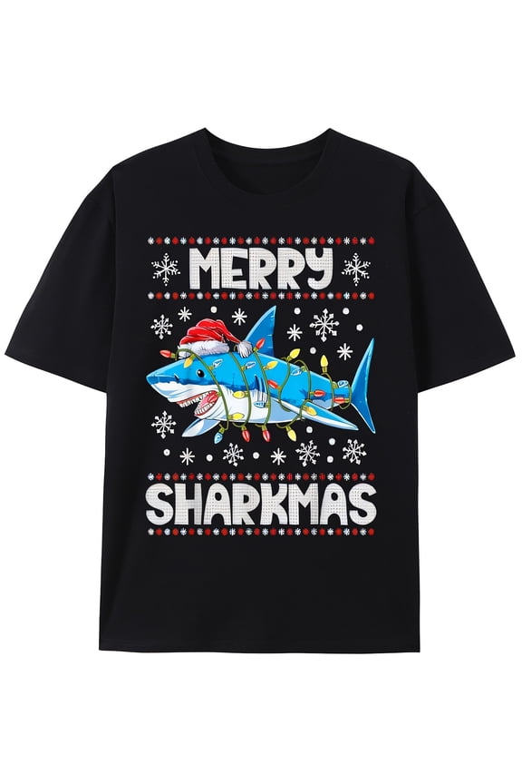 Men'S Merry Sharkmas Santa Shark Christmas T-Shirt - 100% Ugly Sweater Design with Red & White Shark Graphic, Festive Holiday Tee for Everyday & Sportswear