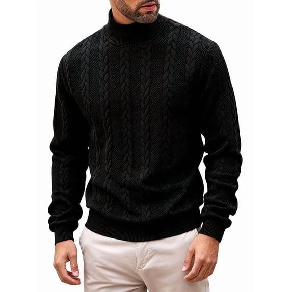 Men'S Mock Neck Vertical Cable Knit Long Sleeve Pullover Sweater Black S