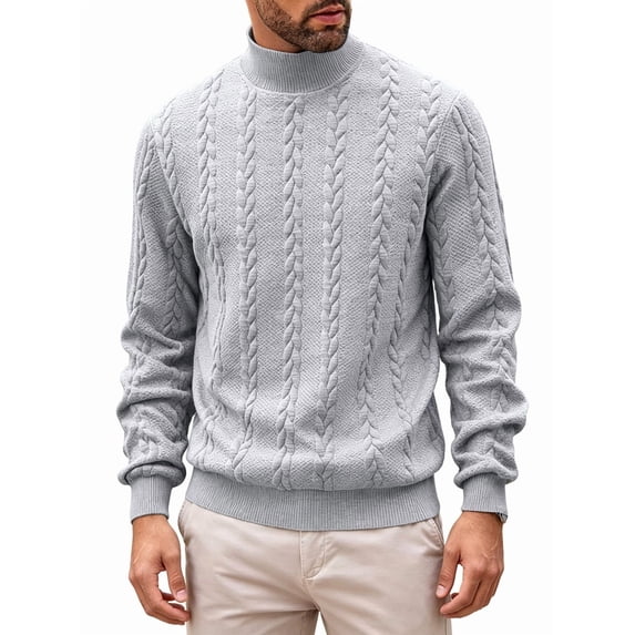 Men'S Mock Neck Vertical Cable Knit Long Sleeve Pullover Sweater Gray XXXL