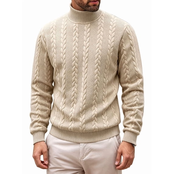 Men'S Mock Neck Vertical Cable Knit Long Sleeve Pullover Sweater Khaki S