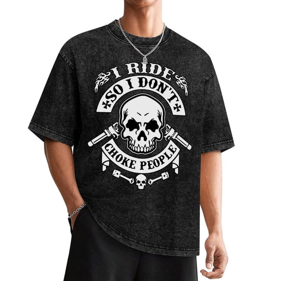 Men'S Motorcycle Knight-Themed Graphic T-Shirt - I Ride, I Don't Choke Back Print With Skull & Exhaust Pipe DesignWashed Tee