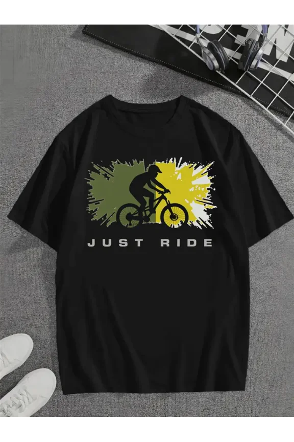 Men'S Mountain Bike Graphic T-Shirt - Black Cycling Tee with JUST RIDE! Design - Breathable Stretch Fabric for Bike Riding & Casual Outfits - All-Season Casual Shirt for