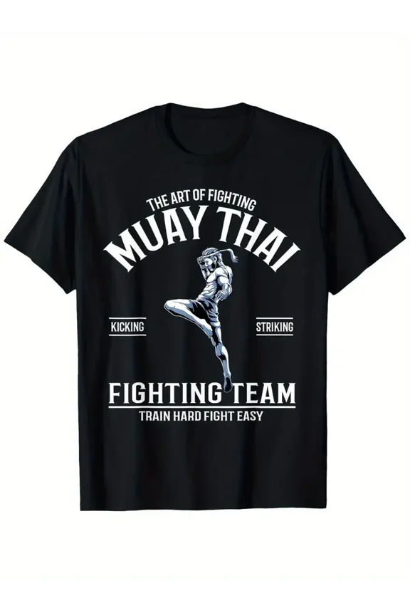 Men'S Muay Thai Training T-Shirt - Heavyweight 180gsm Cotton Fighter Shirt with FIGHTING TEAM Graphic, Kickboxing Competition Gear, Martial Arts Gym Apparel - Sizes S to XXXL