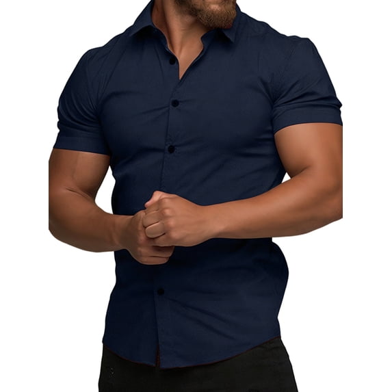 Men'S Muscle Fit Button Down Shirts Summer Casual Short Sleeve High Stretch Wrinkle-Free Shirt Navy Blue M