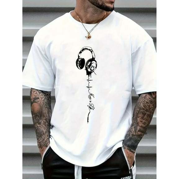 Men'S Music Print Short Sleeve T-Shirt - Comfortable Stretch Crew Neck Top with Headphone Design, Casual Summer Wear for Men, Black, Casual Wear Tee | Headphone Graphic Tee | Comfortable Fit