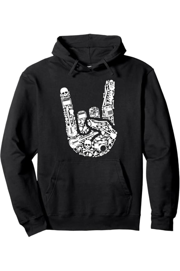 Men'S Music-Themed Fleece Pullover Hoodie with Guitar & Music Note Print, Rock Graphic Design (Guitar, Microphone, Music Notes), Kangaroo Pocket, Drawstring Hood, Long Sleeve Blend Sweatshirt for Mus