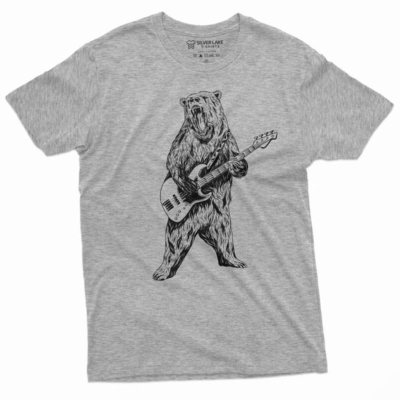 Men'S Musical Band Bear Guitarist Tee Shirt Guitar Gifts Country Music T-Shirt (Large Grey)