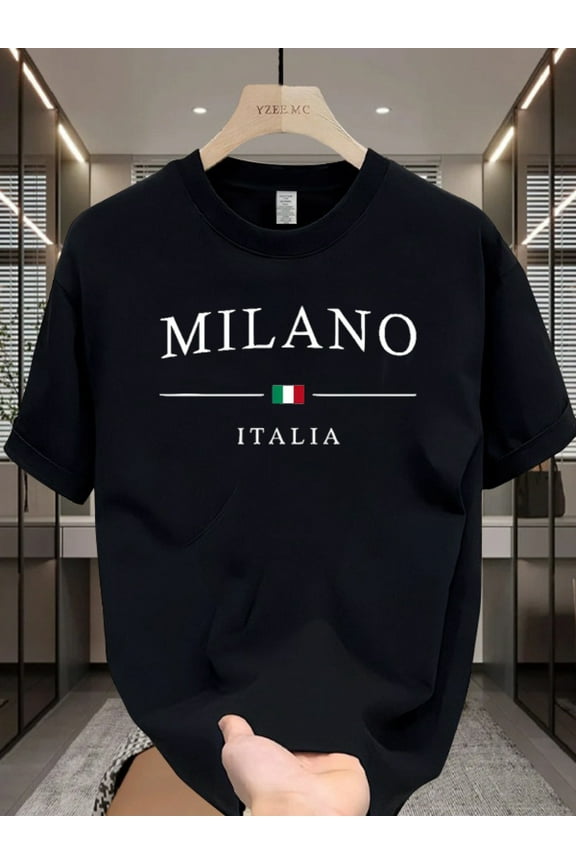 Men'S Navy Blue "Milano Italy" Graphic T-Shirt - Cotton, Round Neck, Short Sleeve, Casual Summer Tee with Italian Flag Design, All-Season Comfort Fit, Everyday Wear, Everyday Tshirt | Graphic Tee Fit