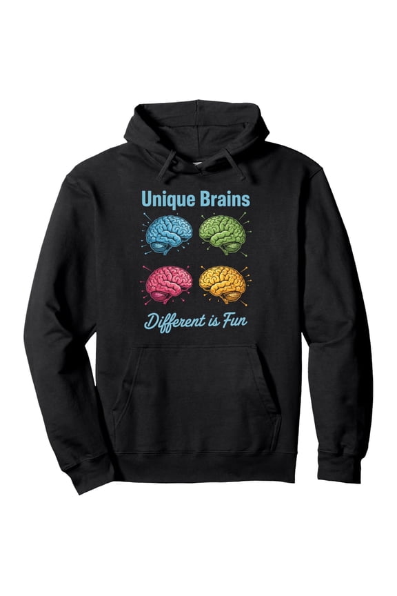 Men'S Neurodiversity Awareness Hoodie - Unique Brains Different Is Fun Slogan & Colorful Brain Design, 250g Heavyweight Pullover Sweatshirt, Regular Fit All-Season Casual Wear for Autism Support, Chr