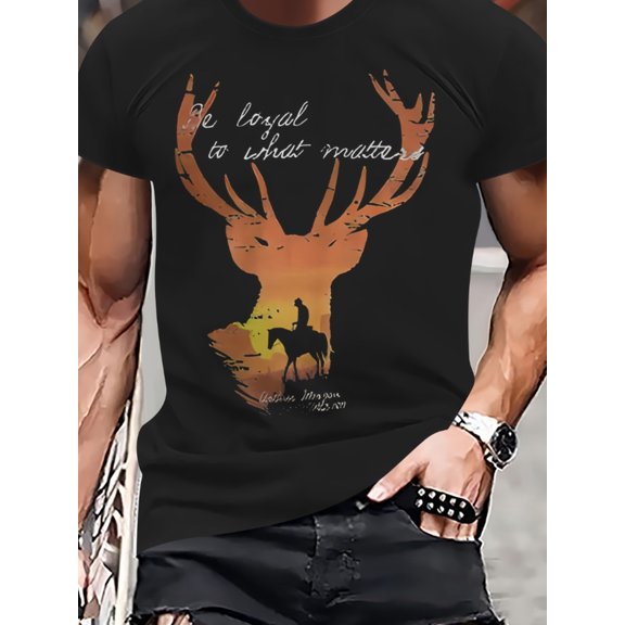 Men'S Novelty T-Shirt, 100% Polyester Crew Neck Casual Tee with Deer Print, Regular Fit Knit Fabric Top, All-Season, 2025