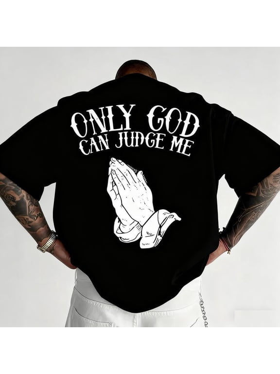Men'S "Only God Can Judge Me" Graphic T-Shirt - Casual Crew Neck,Loose Fit, Short Sleeve Top, Polyester, Beige with Praying Hands Design,Cotton Fabric