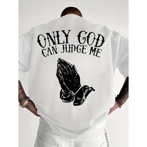 Men'S "Only God Can Judge Me" Graphic T-Shirt - Casual Crew Neck,Loose Fit, Short Sleeve Top, Polyester, Beige with Praying Hands Design,Cotton Fabric