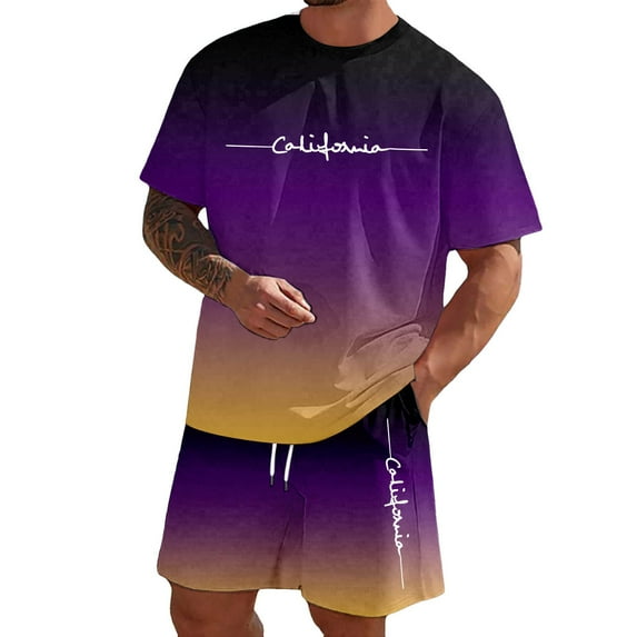 Men'S Outfits 2 Piece 2025 Shirt Sweatshirt Shorts Set Short Sleeve Tracksuit Striped Color Block Fashion Summer Sets (Purple_05 ,2XL)