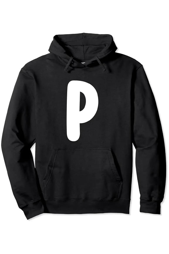 Men'S Oversized Black Hooded Sweatshirt with P-Letter Print - Minimalist Monochrome Pullover Hoodie, Front Pocket, Machine Washable All-Season