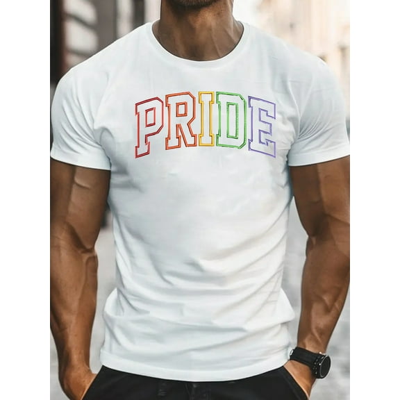 Men'S "PRIDE" Letter Print T-Shirt - Colorful Gay Pride Short Sleeve Crewneck, Casual Summer Tee for Daily Wear & Pride Parades, Everyday Tshirt|Bold Lettering|Stretchy Fabric, Pride Clothing