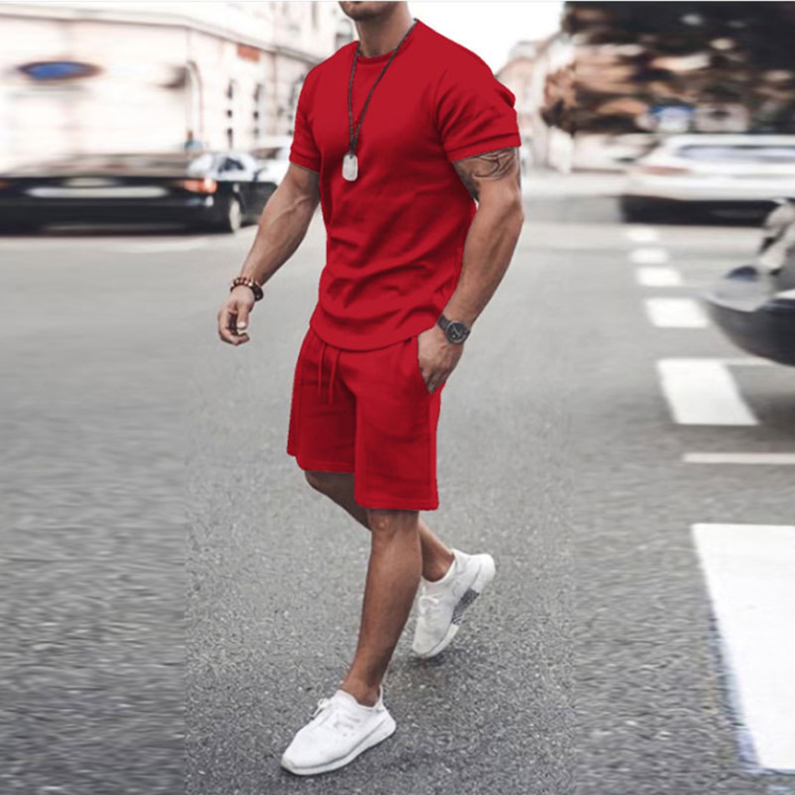 2 Piece Outfit Mens Trend Printed Shirt + Pants Set Casual Short Sleeve  Trouser