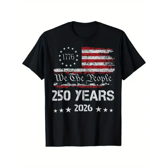 Men'S Patriotic 250th Anniversary T-Shirt - "We're People" Design with American Flag & Stars, Black, Casual & Comfortable, Perfect for Independence Day or Everyday Wear