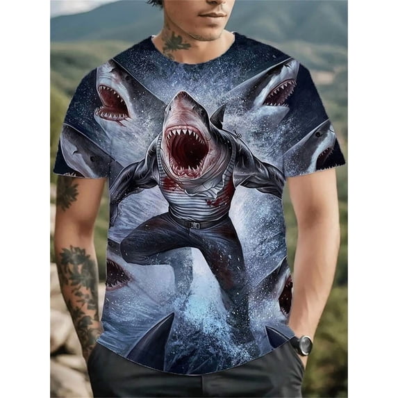 Men'S Plus Size 3D Shark Print T-Shirt - Vibrant Underwater Design, Casual Crew Neck, Short Sleeve, Lightweight & Breathable For Summer, Perfect For Big & Tall, Stylish Streetwear, PLUS SIZE