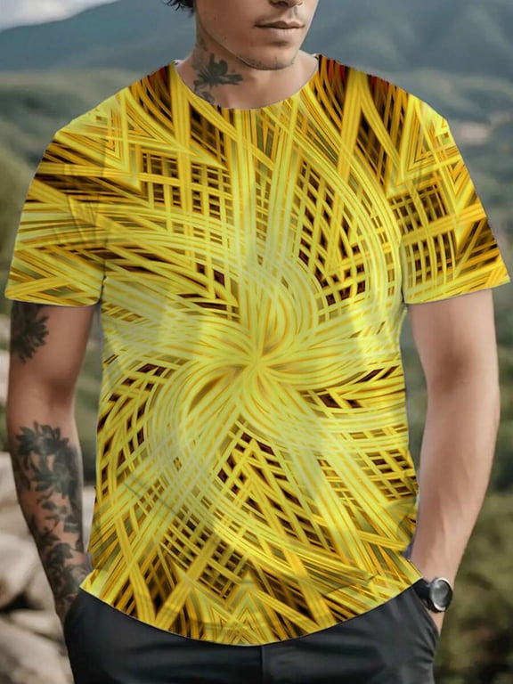 Men'S Plus Size Bohemian Style 3D Digital Print T-Shirt - Vibrant Yellow Cityscape Design, Casual Short Sleeve Crew Neck Tee, Lightweight Summer Essential For Big & Tall Men