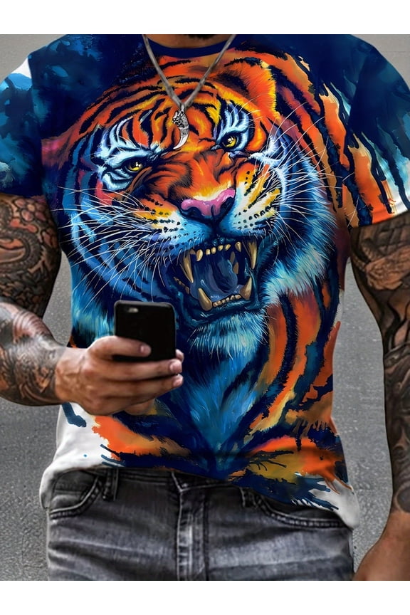 A Men'S Plus-Size Casual Round-Neck T-Shirt Featuring a 3D Tiger Print, Made from Slightly Stretchy Knit Fabric, in a Regular Fit with an Animal Pattern, Plus Size