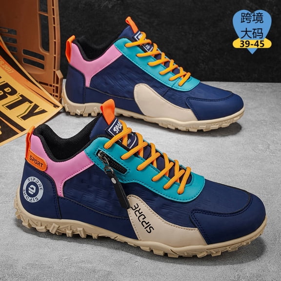 Men'S Plus Size Color Block Outdoor Hiking Shoes, Side Zipper Non-Slip Trekking Sneakers, Cross-Border Casual Shoes